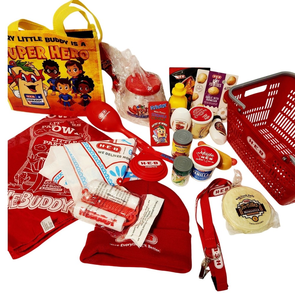 HEB H-E-Buddy Grocery Store Play Set Food Basket BeanBag ball Lanyard Bandana